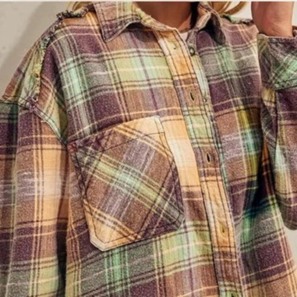 BDG Distressed Plaid Flannel Shirt Jacket Raw Hem Grunge Shacket Sz S NWT - Picture 7 of 10